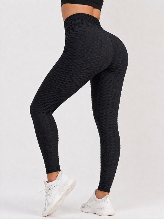 Pants - Black Textured Scrunch Butt Leggings High Waisted Yoga Pants Booty Lift Stretch